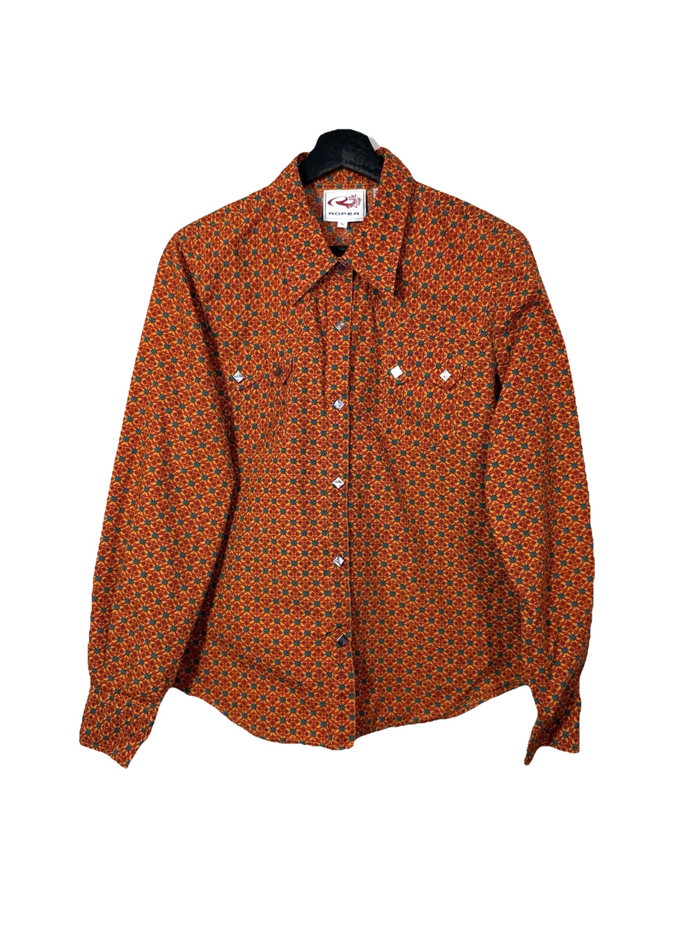 Roper Orange Red Blue Western Shirt Pearl Snaps Diamond Jrs Large Rodeo Cowgirl